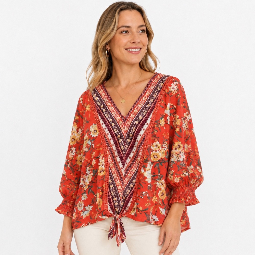 Absolutely Famous XL Orange Floral V-Neck Tie Front Boho Top Dolman Sleeve Soft